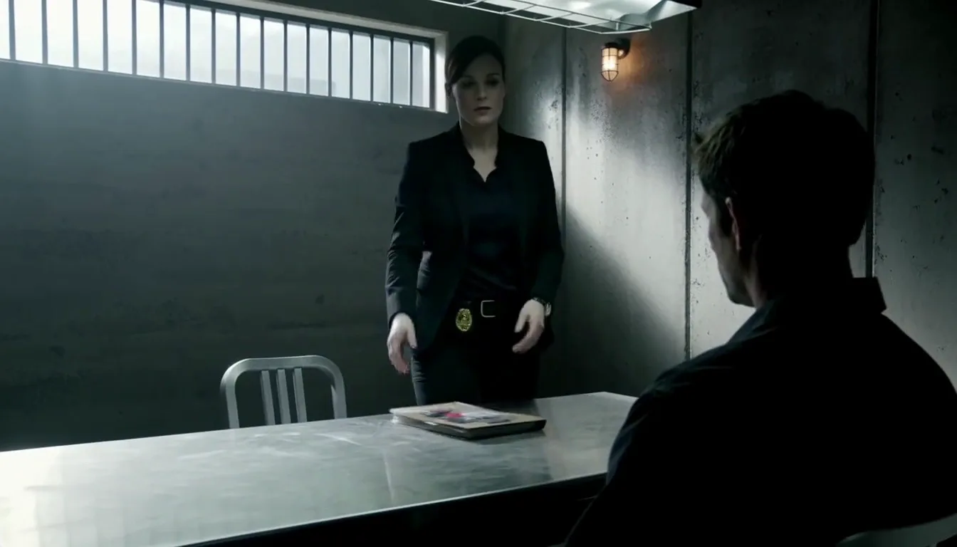 AI video generator output: a live-action interrogation scene with two characters, generated from a written script
