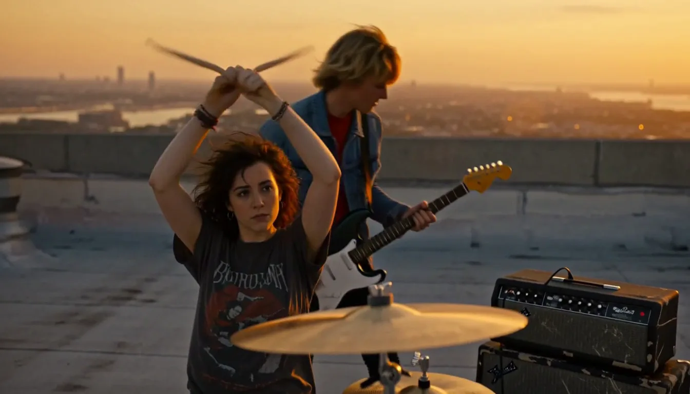 Live-action AI video keyframe: a rooftop scene at night generated from a written script