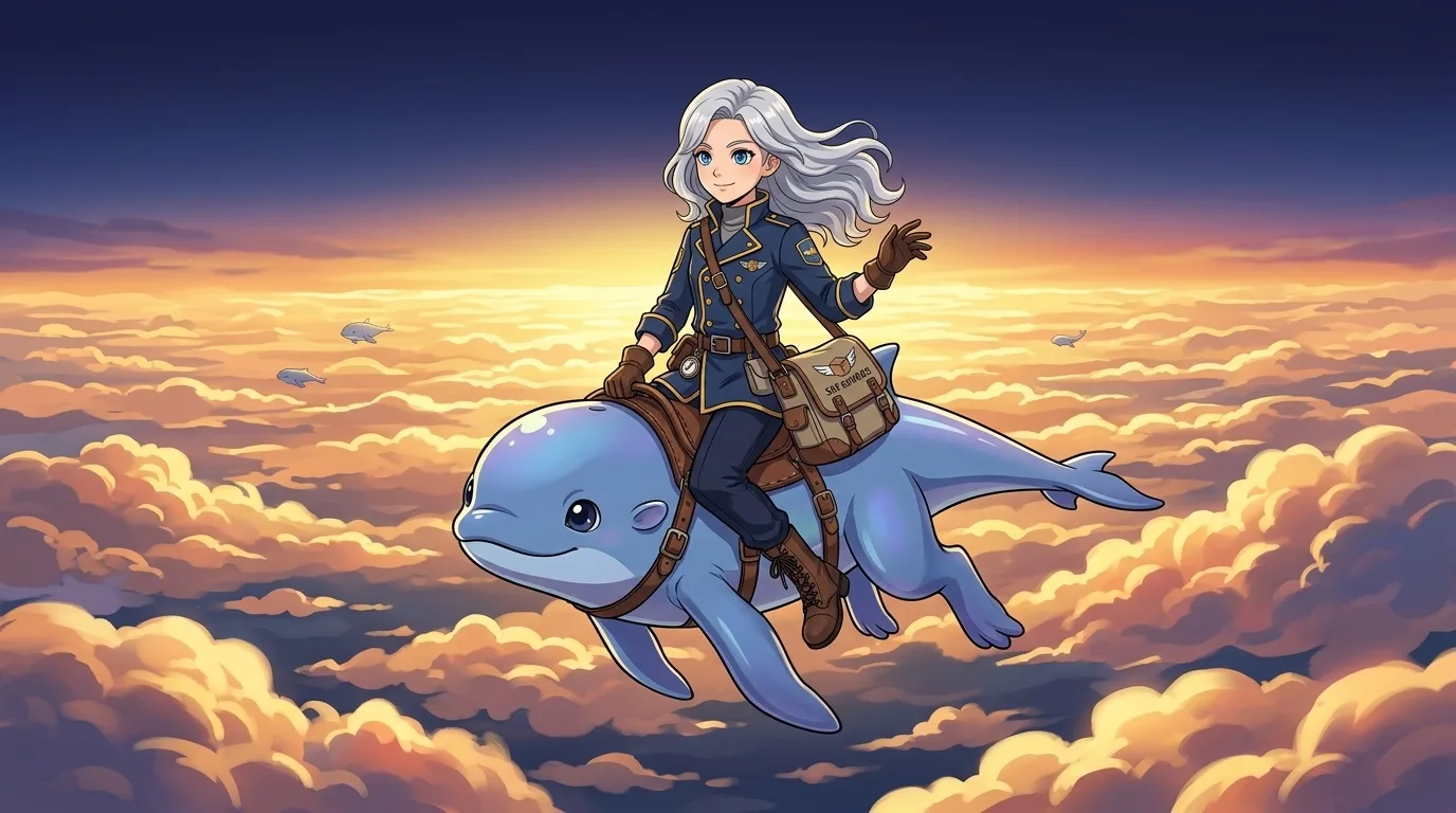 Anime-style AI video keyframe: a silver-haired sky courier and her creature above a cloud sea