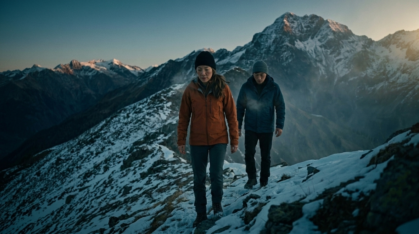 Mira leads the way, her movements practiced and efficient, while Jules follows, his breath misting in the cold air, struggling slightly with the incline.