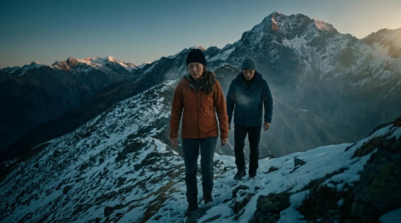 A rendered film shot produced from a video script line: two siblings climbing a mountain ridge at dawn