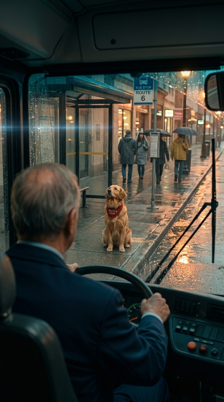 From inside his bus, Frank, the driver, begins to notice Biscuit's unwavering vigil.