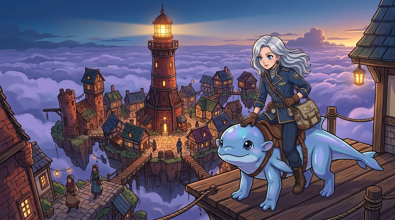 Yuki and Momo gently descend onto a landing platform in the village, surrounded by cozy, unfamiliar homes. Yuki feels a mix of nervous excitement and anticipation.