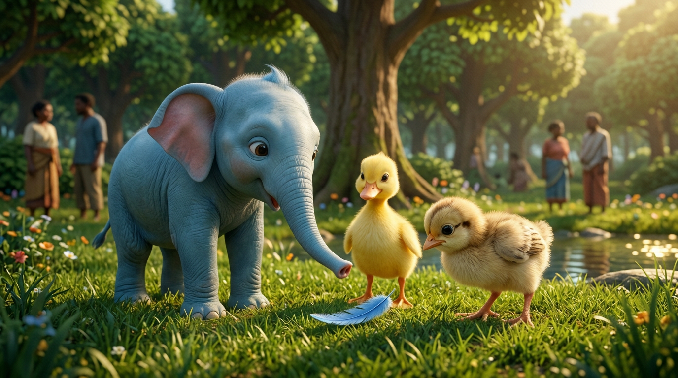 Titi spots a small blue feather on the ground. Filo gently lifts it with his trunk, and the clue makes Lolo realize the nest must be nearby in the tall tree.
