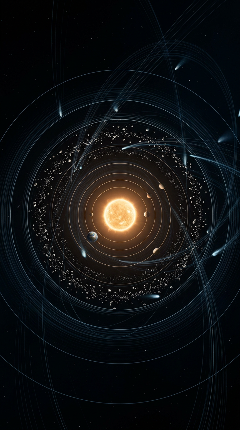 A visual time passage carries the story across millions of years. The Solar System slowly loses its familiar arrangement, not through a sudden disaster but through cumulative orbital change.