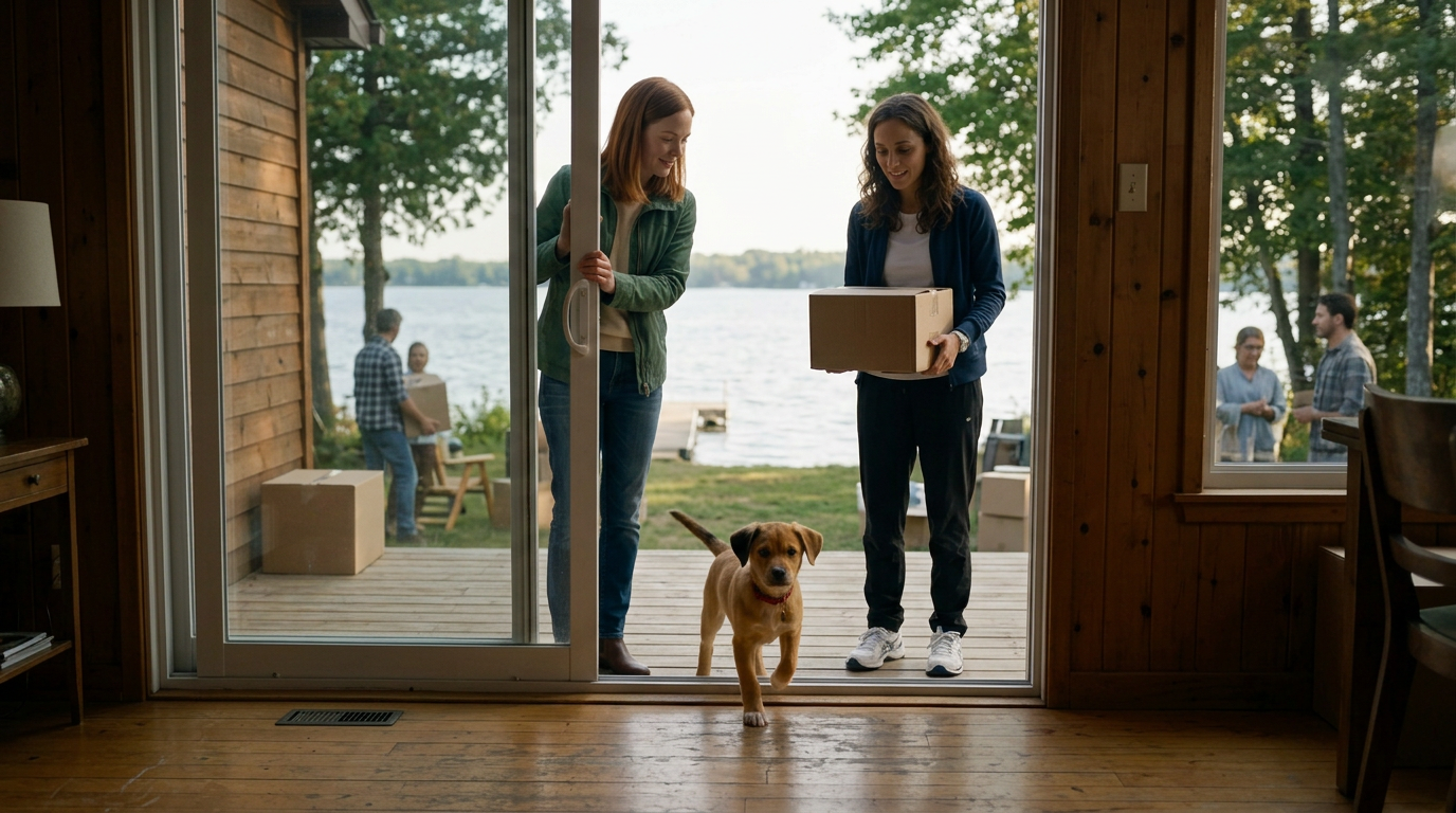 The couple moves from Montreal to Morpeth, Ontario, trading city routines for a home on the lake. The move is physically messy and emotionally hopeful, with their puppy making the new place feel immediately alive.