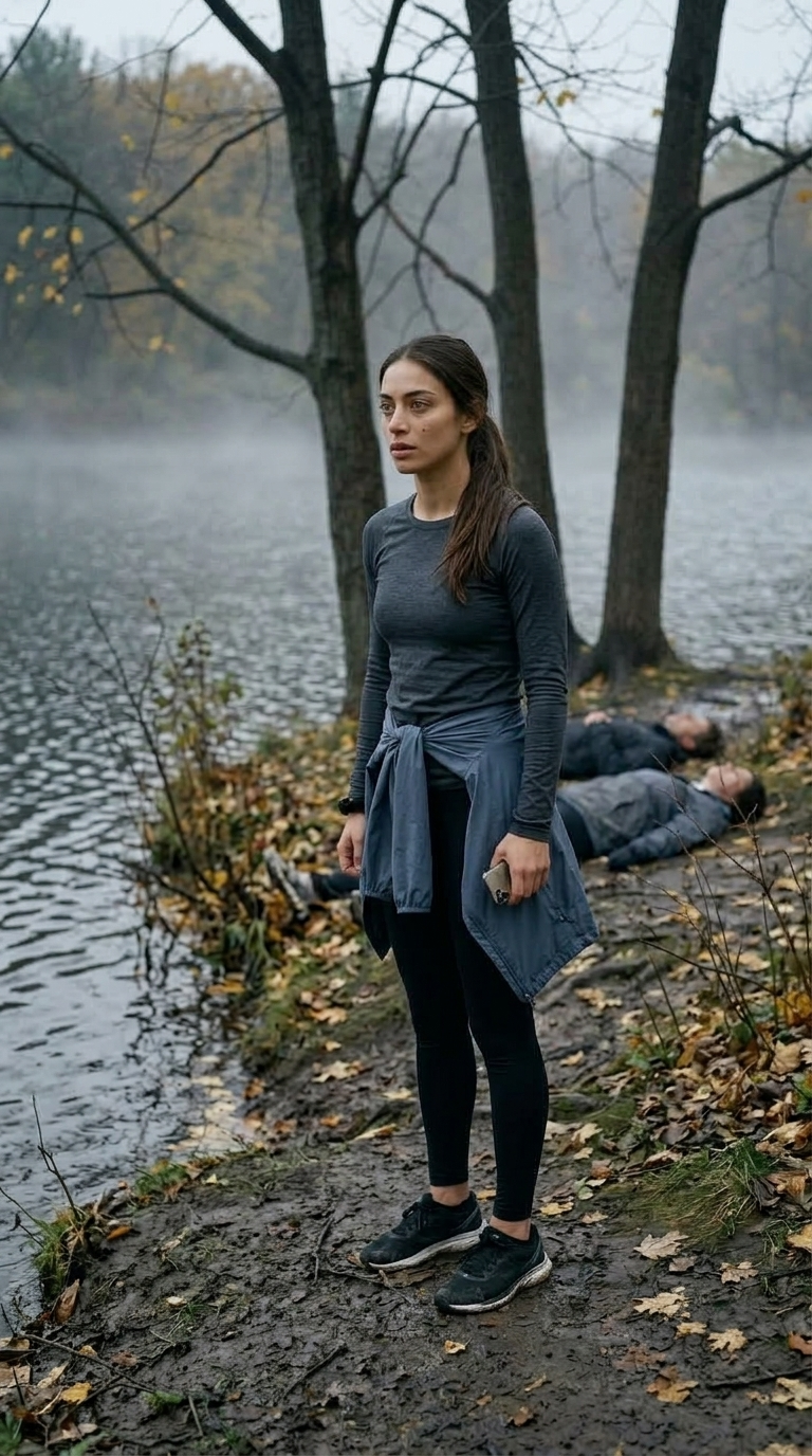 Unable to accept what the phone shows, she slowly raises her gaze to the real lake. The shoreline confirms her worst fear, and her scream tears through the forest.