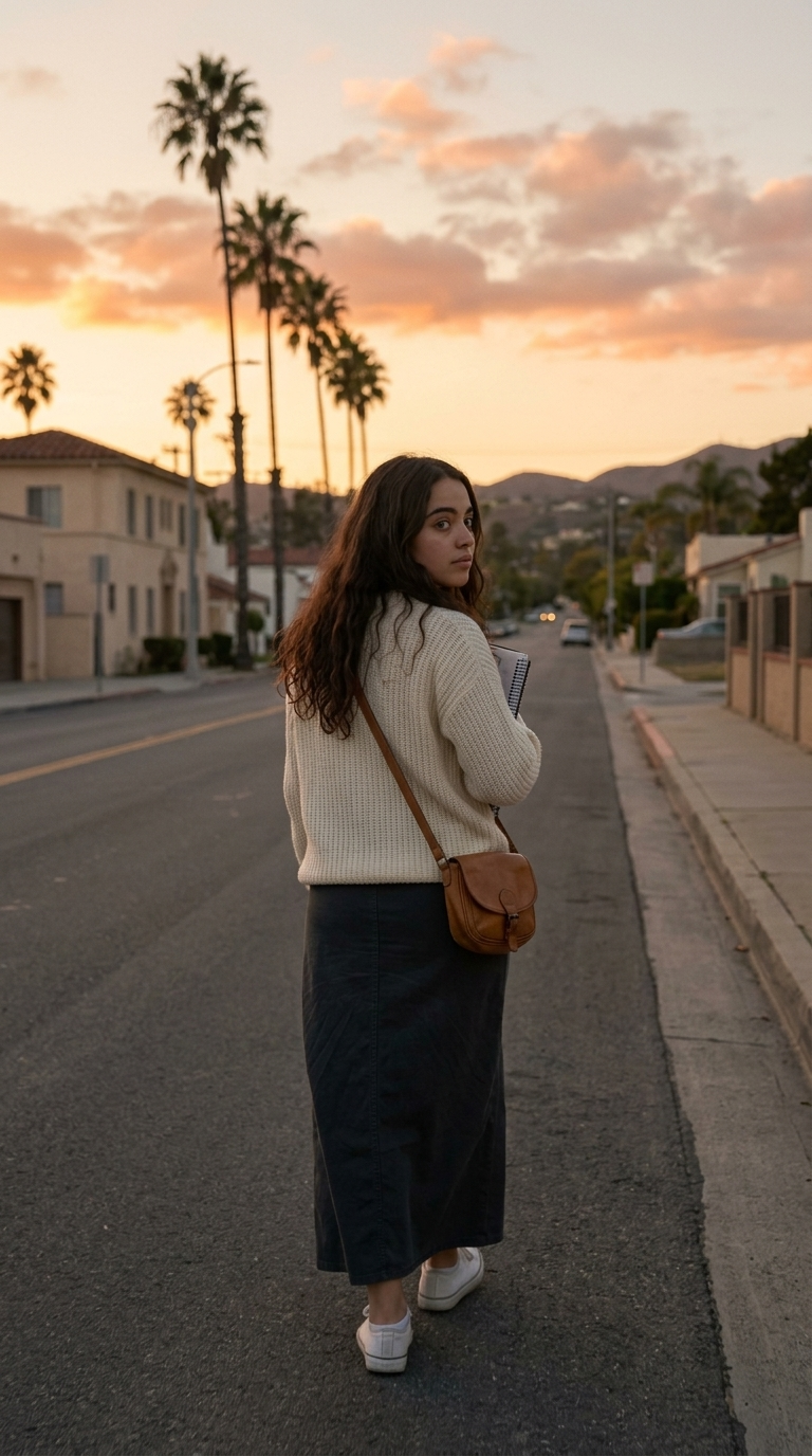 Maya keeps walking toward the sunset with her aviation notebook held close, then looks directly toward the camera and invites the audience to follow her journey.
