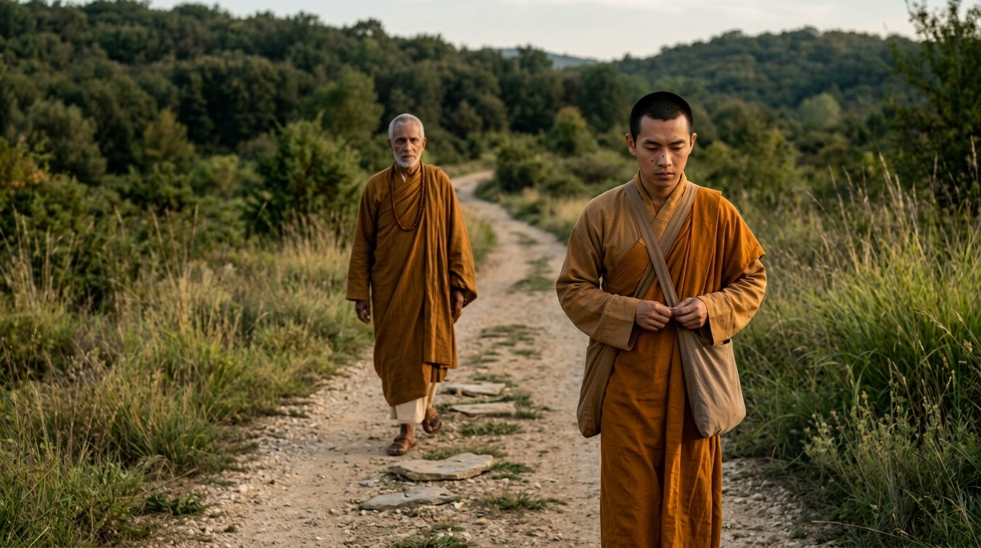 After walking a long way, the younger monk's unease grows until he can no longer keep silent.