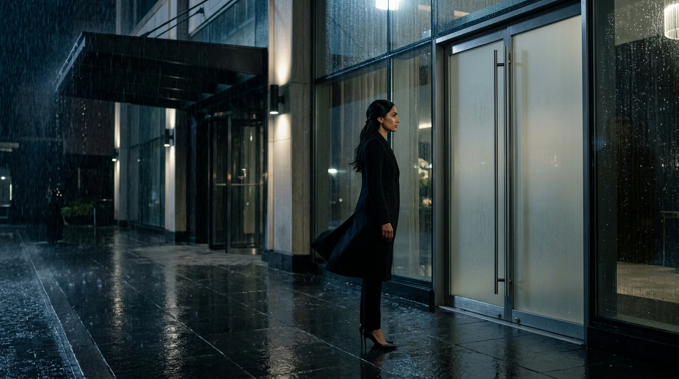La tensión se acelera en un montaje de moda bajo la lluvia: sus ojos, el agua sobre el rostro, el vestido negro movido por el viento, un destello, la silueta tras vidrio esmerilado y la mano tocándolo. Cada imagen parece acercarla a una mirada imposible.
