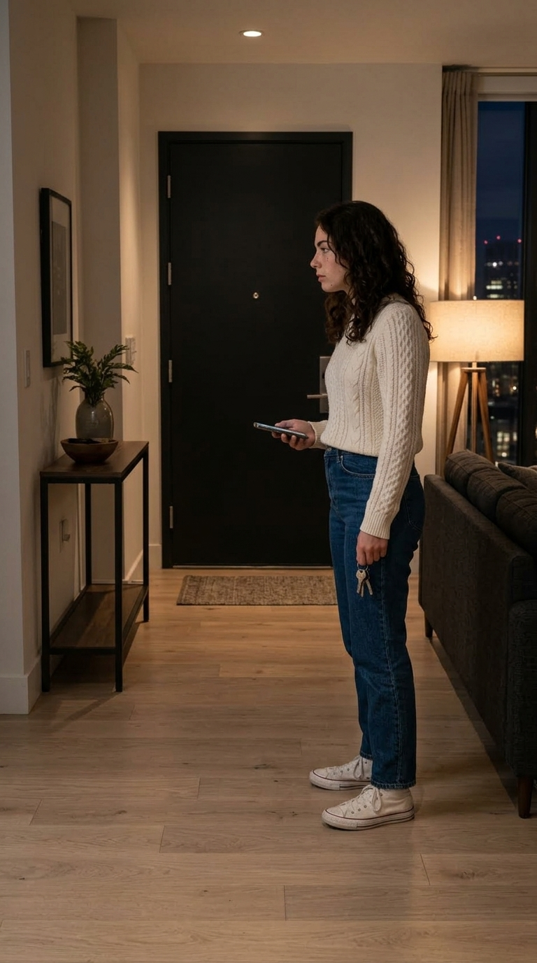 Someone suddenly knocks on Emma's apartment door. She looks toward it, unable to see who is outside.