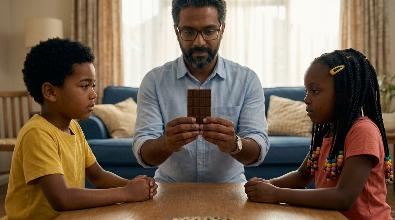 Dada divides the chocolate fairly, but Orhan’s attention immediately drifts toward Liyana’s piece.