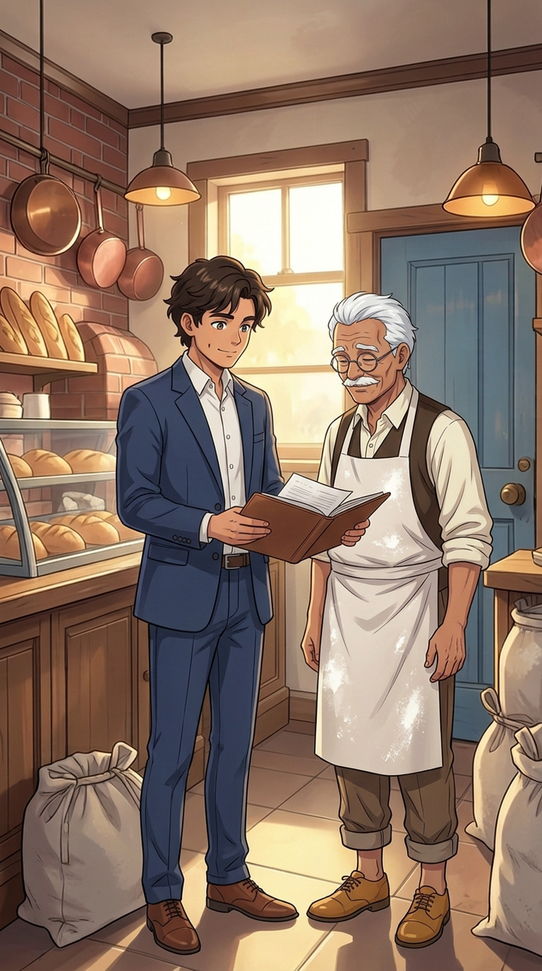Inside the bakery, the grown Eli buys the bakery and tells Mr. Rowan that he will never forget the bread he received when he was hungry.
