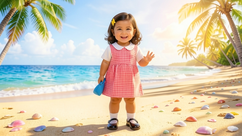 Sally stands proudly on the sunny seashore, repeats the complete tongue-twister phrase and celebrates her successful practice with the six shiny seashells.