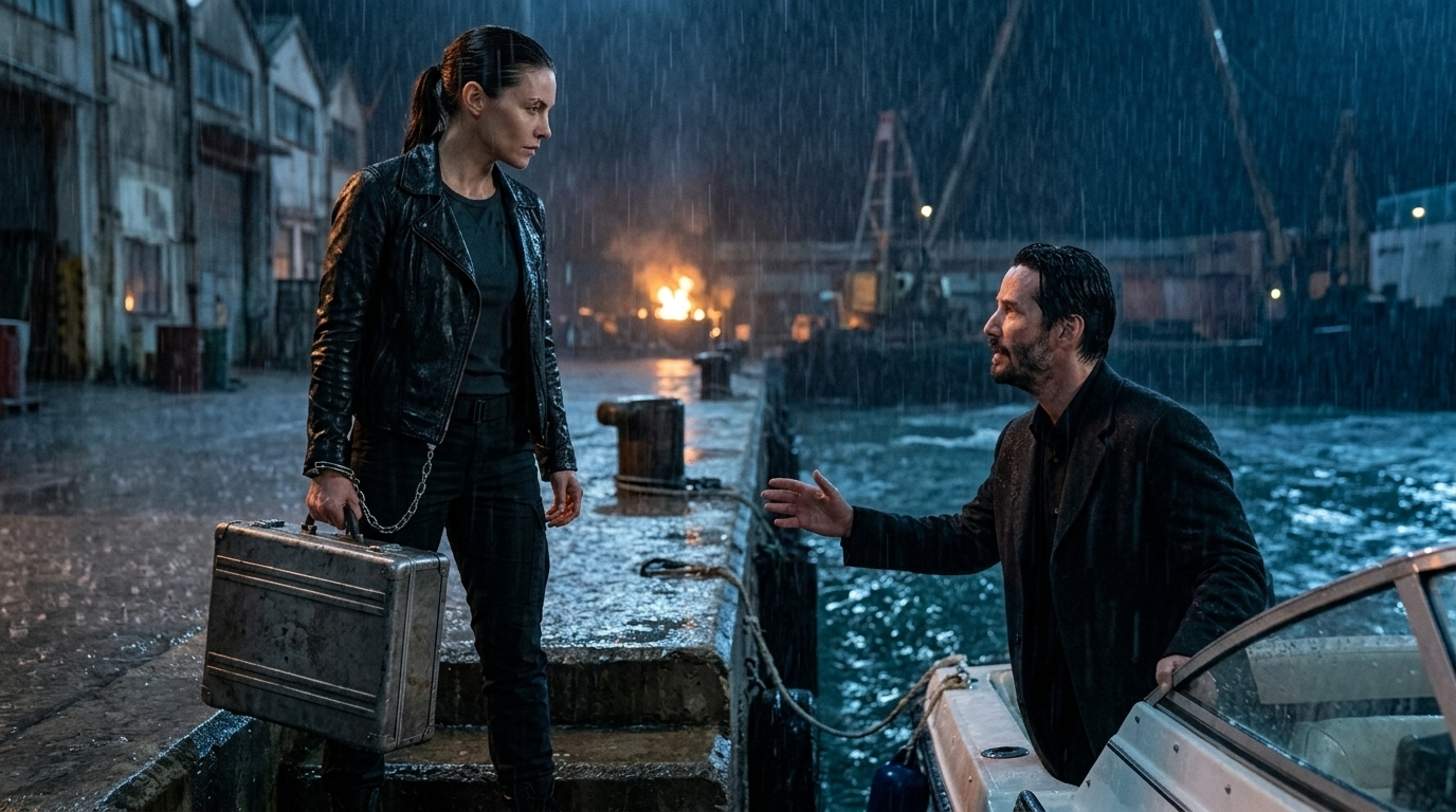 Mara launches from the end of the dock toward Voss's speedboat as a warehouse explodes behind the stormy harbor, then lands with a smirk reflected in the firelight.
