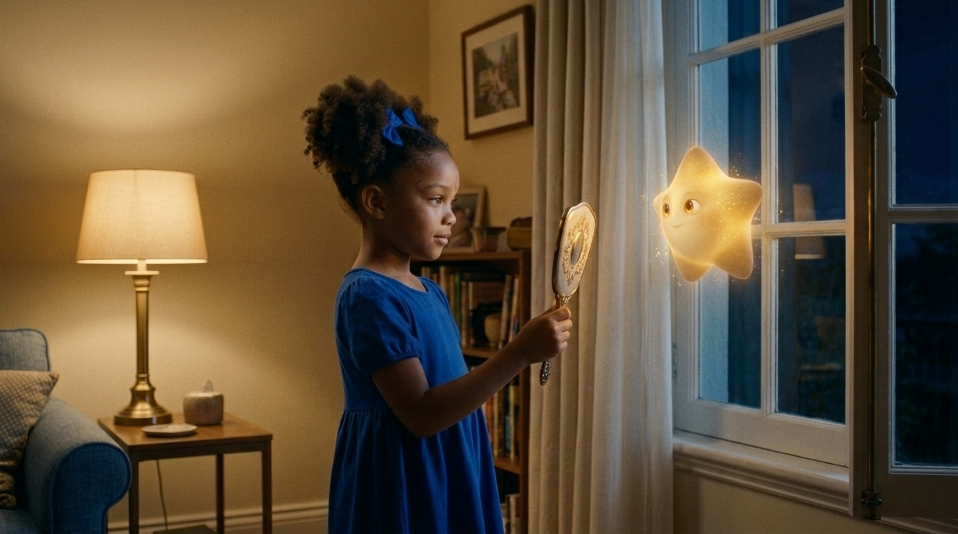 Angel guide Luma avec le miroir jusqu'à la fenêtre; la petite étoile remonte enfin vers le ciel et retrouve sa place parmi les étoiles.