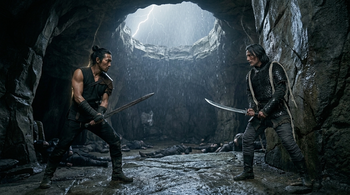 The final strike crosses the rain, defeating the enemy, but the warrior's bond snaps immediately afterward and the cave begins to tear apart around him.