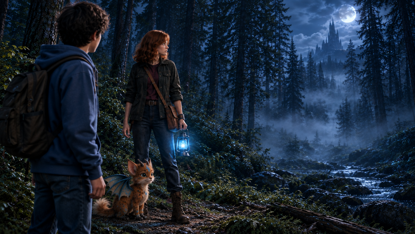 A distant light flickers and vanishes, the lantern answers with a sudden burst, and a shadow moves between the trees as Eli Carter asks Everly Vale if she saw it.