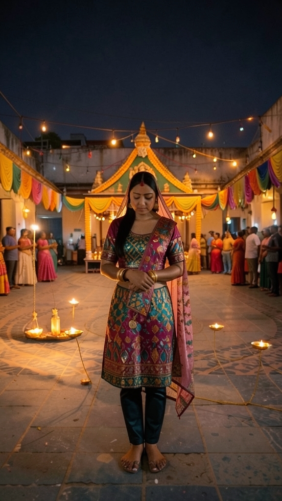 Asha lifts her face from prayer and meets the returning festival light with a warm smile, while sparkling Navratri colors create a dreamy romantic ending.