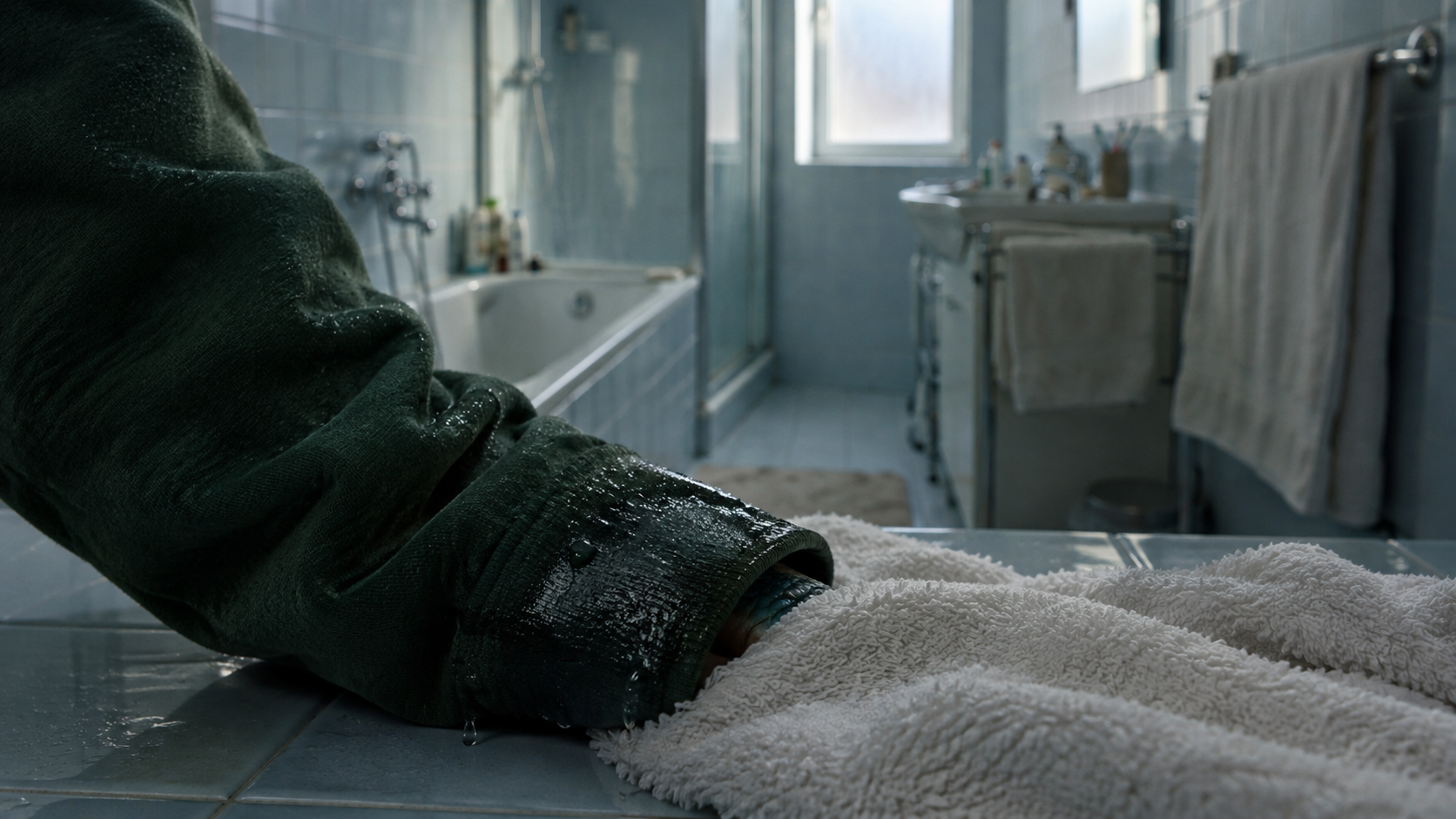 Mako découvre que ses vêtements sont trempés et qu’ils risquent de le trahir. Il cherche une solution rapide dans la salle de bains.