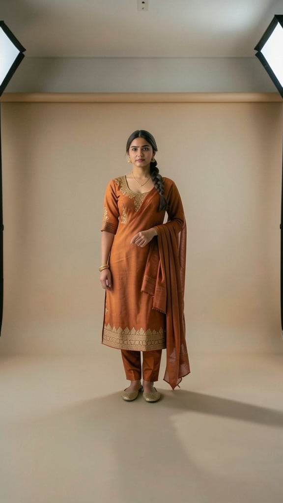 Aanya returns to a full fashion presentation and creates a graceful final movement, allowing the matching dupatta to flow around her while the complete rust-orange look remains elegant and coherent.