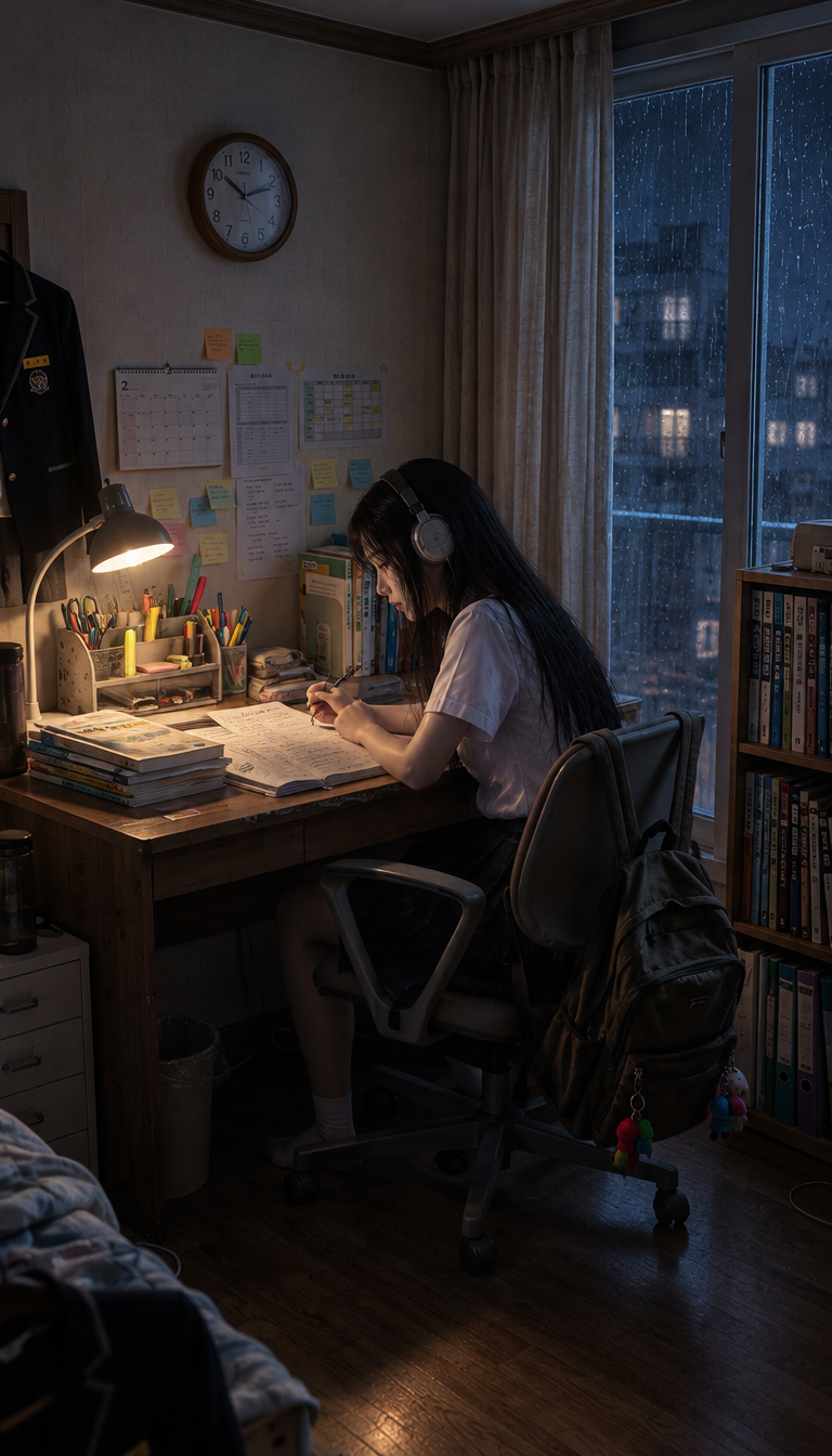 Late at night, Yoo Jae-yi studies beneath the desk lamp while rain falls outside; wearing headphones, she writes notes, checks answers, and continues through the work.