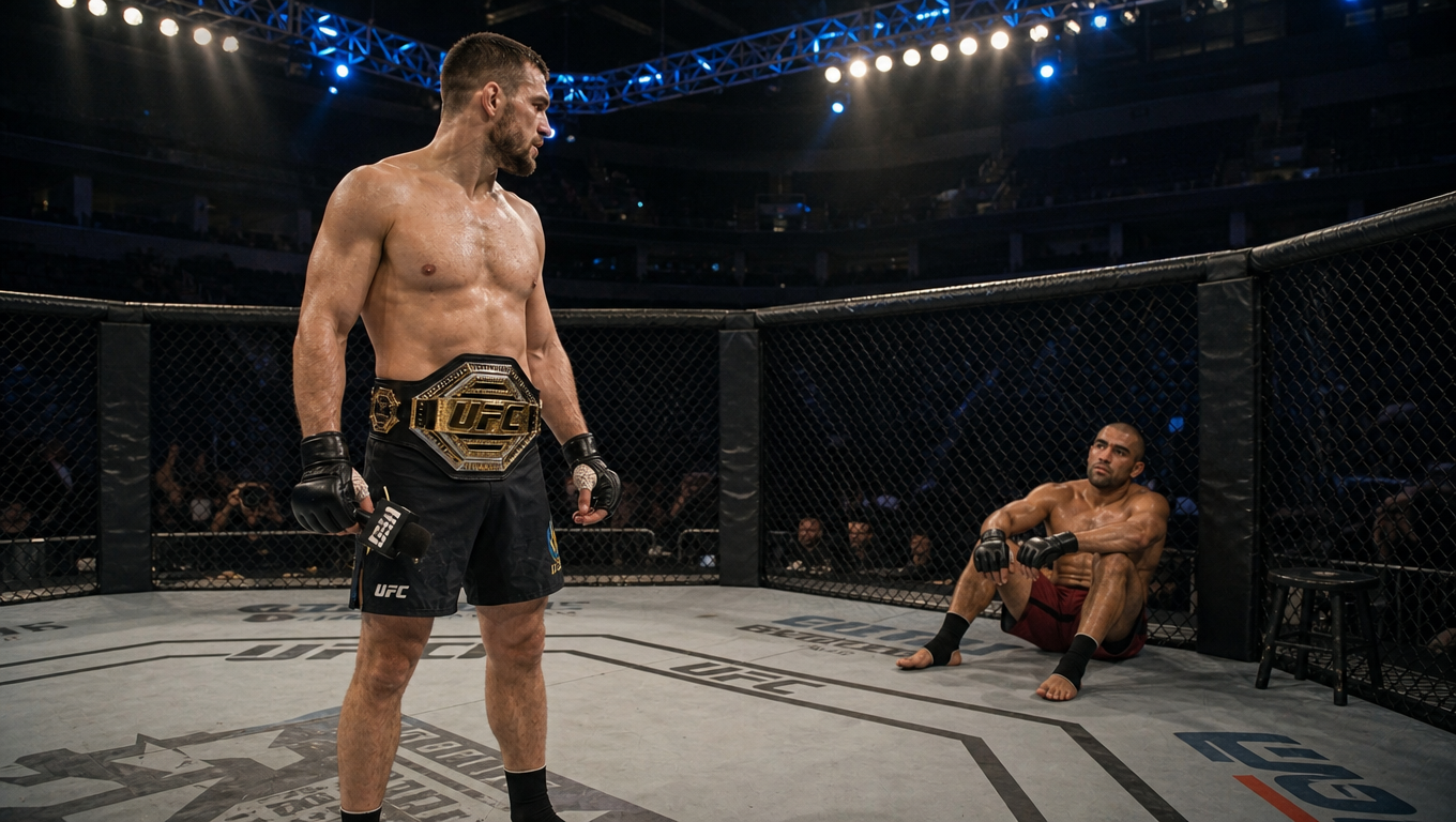 Yaroslav acknowledges that the belt is around his waist, then turns respectfully toward the former champion and calls him a true warrior.