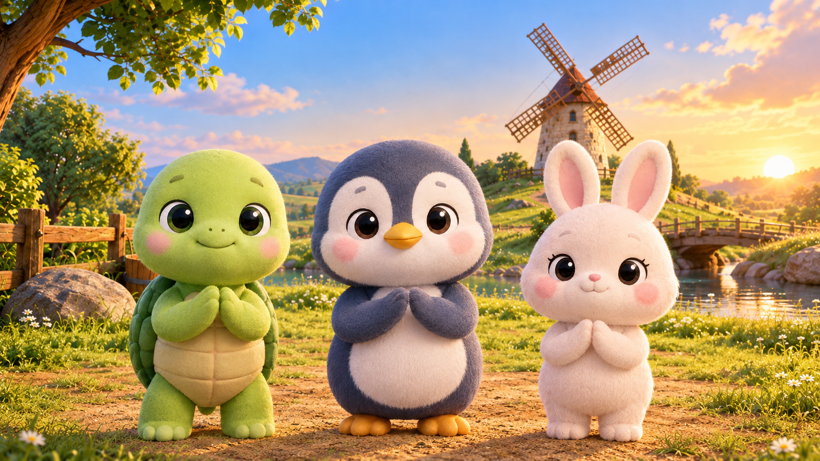 La ronde de gestes continue dans le champ, les trois amis restant parfaitement synchronisés devant le Petit Moulin. Lili achève la reprise et tous gardent une pose finale joyeuse, souriante et bien lisible.
