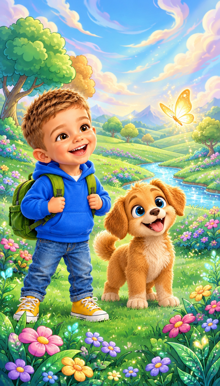 Milo and Bibi follow the glowing butterfly through the meadow, moving past colorful flowers and sparkling plants.