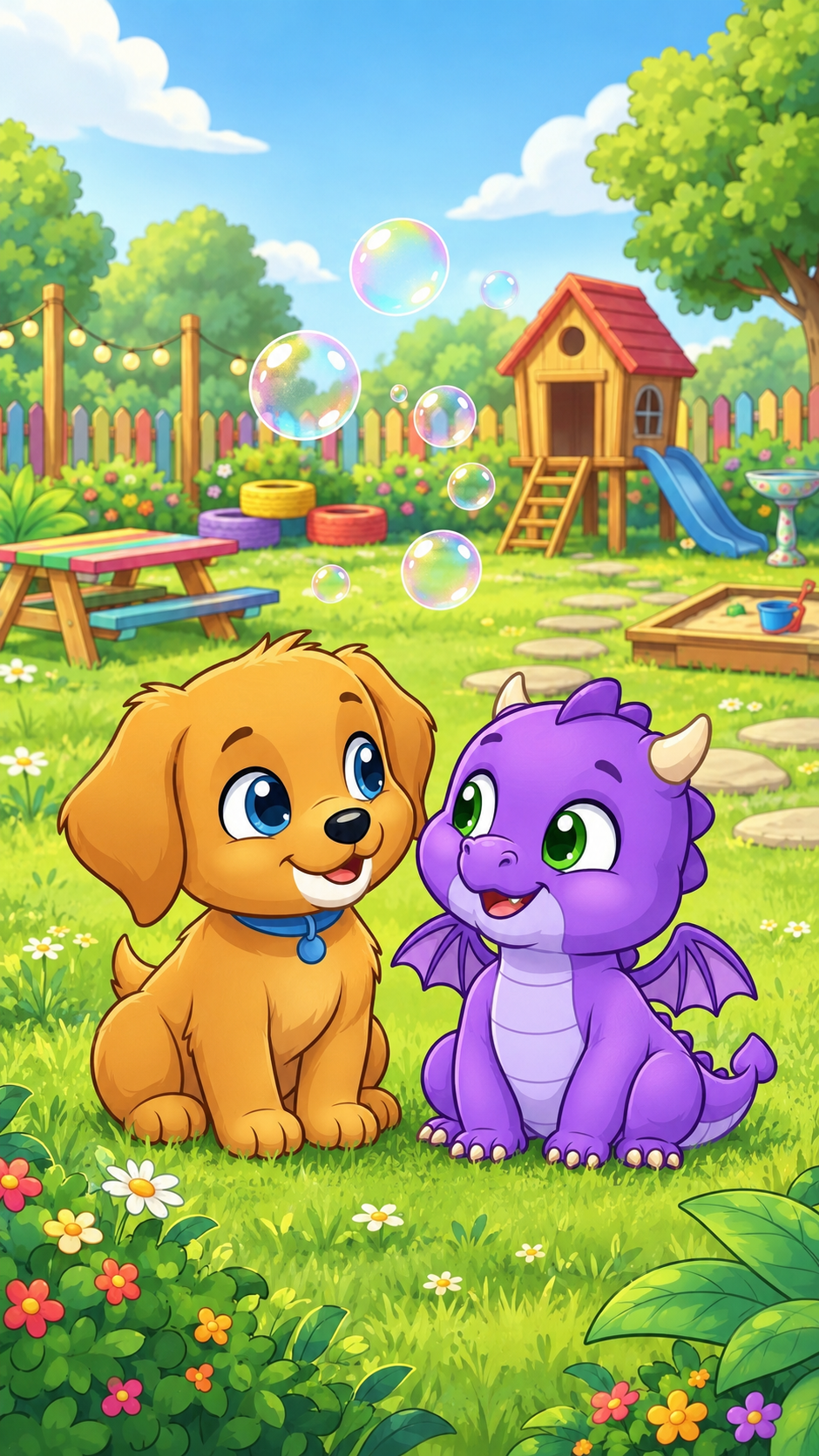 Spark smiles, hiccups, and creates a tiny rainbow over both friends, turning the rescue's relief into delighted wonder and laughter.