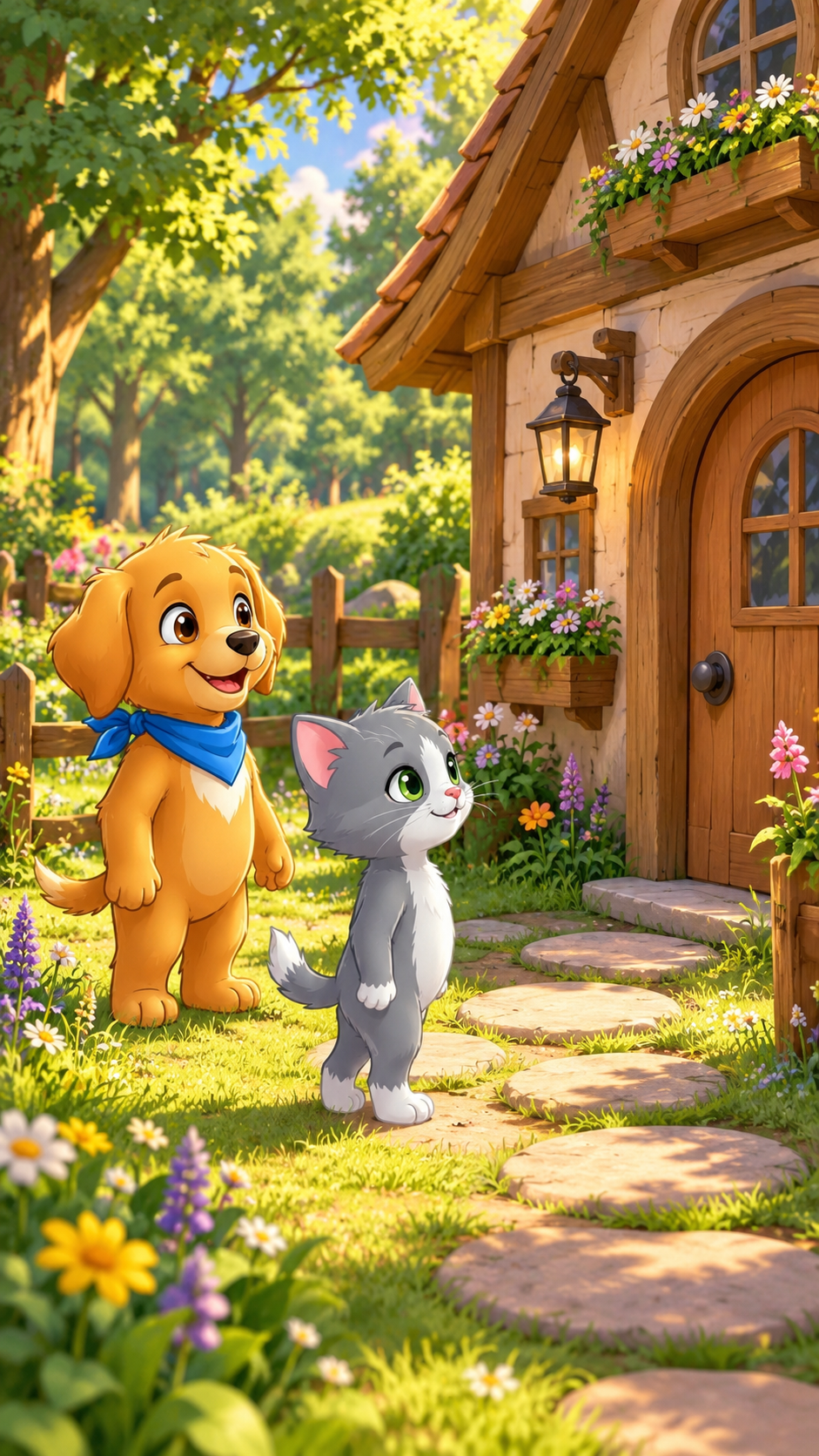 Luna reaches the cozy wooden home and shares a grateful, joyful moment with Buddy at the doorway.