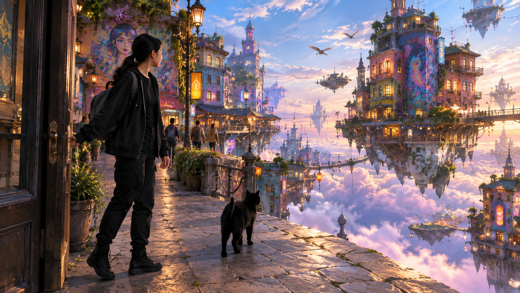 Lia entra in una città sospesa nel cielo e scopre un mondo completamente diverso, pieno di colori, nuvole viola, insegne luminose e piccoli animali volanti.