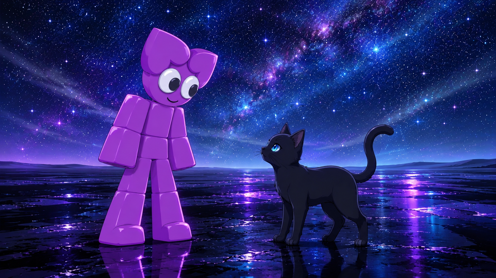 After the aliens retreat, Purple and the black cat face each other in the quiet black awe.