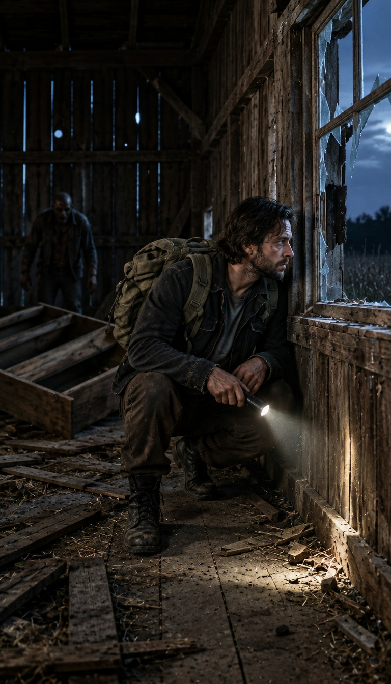 A noise outside distracts the zombies, giving the man a chance to switch off his flashlight, climb through the broken rear window and escape into the darkness.