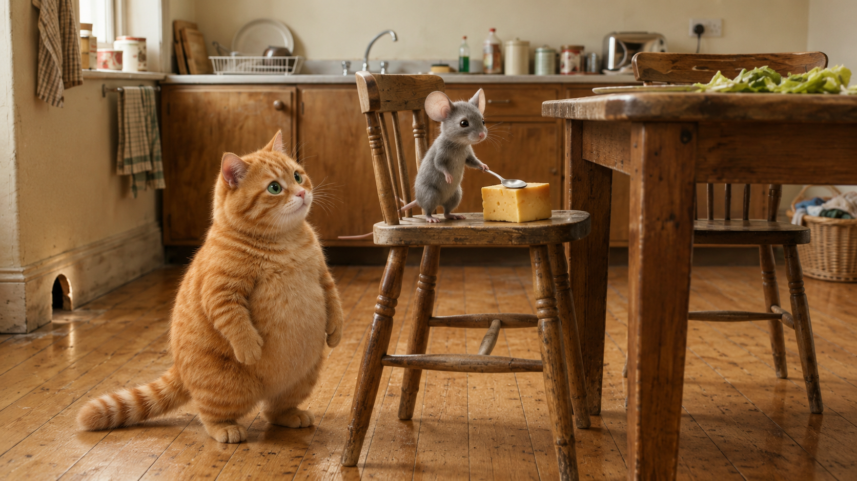 Memo climbs onto a chair and cleverly uses a spoon as a catapult to launch the cheese into the air.