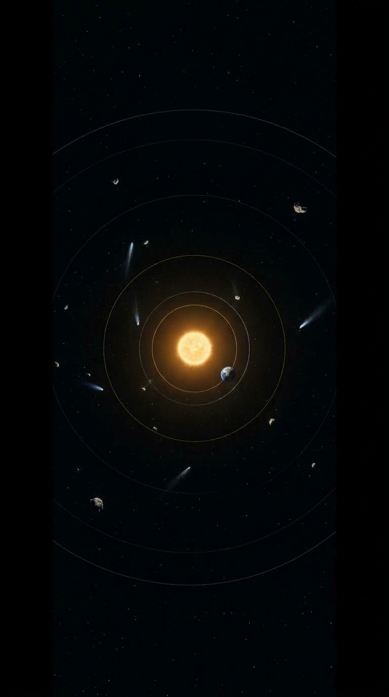 The closing image returns to the central question without offering an unsupported answer. The altered Solar System fills the frame briefly, then recedes into darkness, leaving the audience with the scale of what cannot be fully predicted from the script.