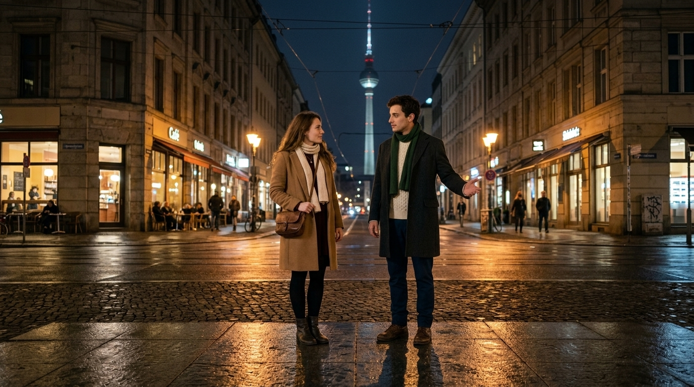 The first meeting becomes a choice to continue together; Marco and Anna walk into Berlin's glowing night as the fairytale promise becomes visible in the real world.