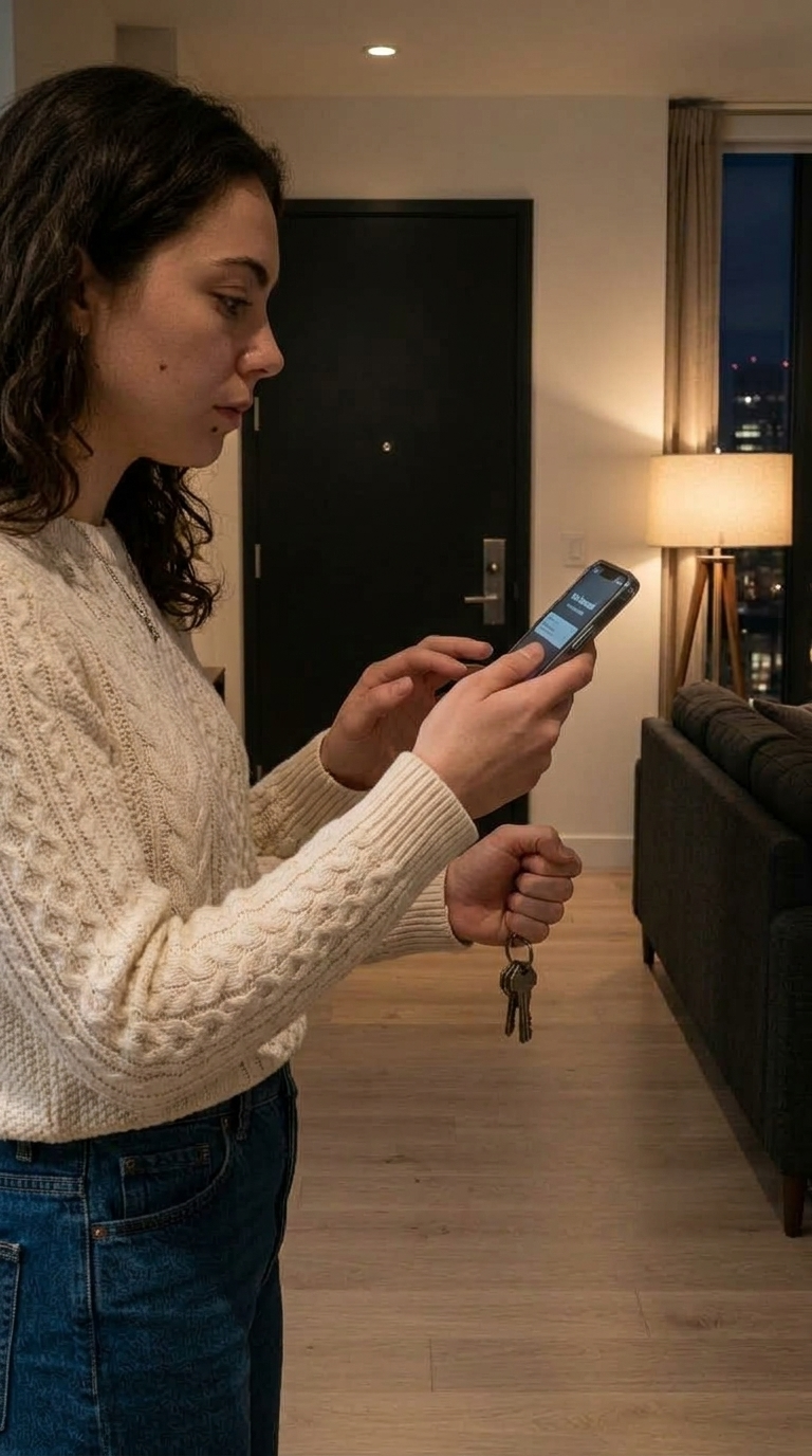 Emma looks at her phone and discovers another voicemail from her own number while the knocking continues at the door.