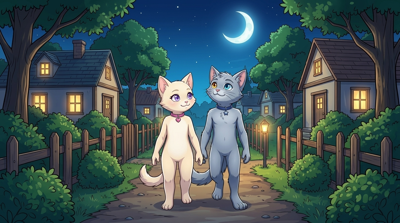 포아와 니아는 서로 다른 방향으로 걸어가며 달을 시험한다. 두 고양이가 멈춰도 달은 거의 같은 곳에 있고, 니아는 이상하다고 느낀다.