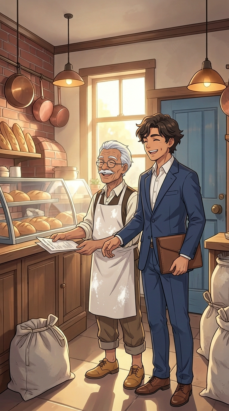 The old baker and the young man stand together inside the bakery, smiling at each other and sharing the emotional reward of their reunion.
