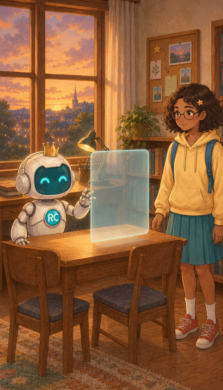 The robot shows Maya that Bitcoin transactions are recorded on a shared public ledger called a blockchain.