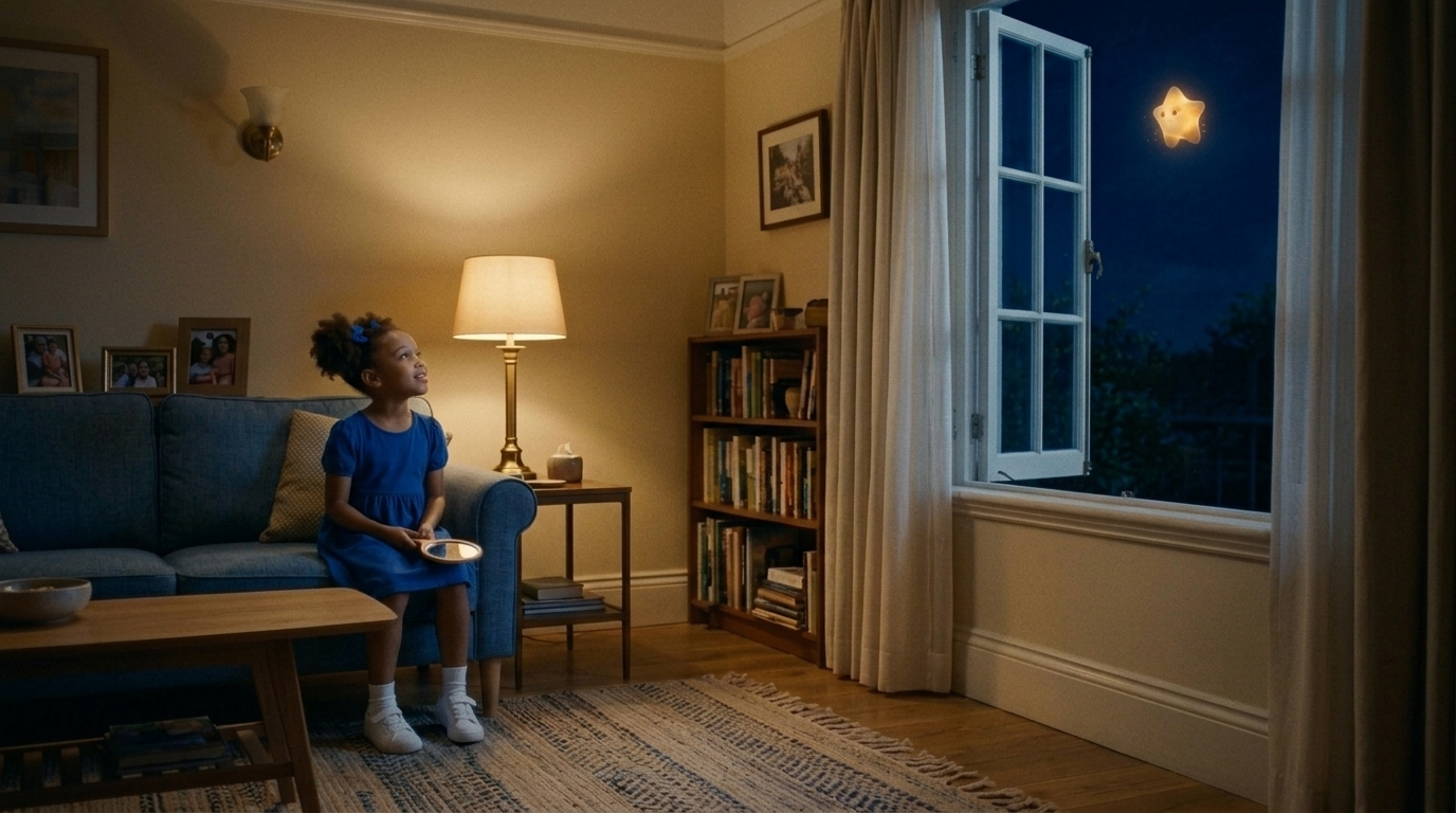 Angel ferme doucement la fenêtre et garde le souvenir de Luma dans son cœur, tandis qu'une nouvelle étoile brille au-dessus de sa maison.