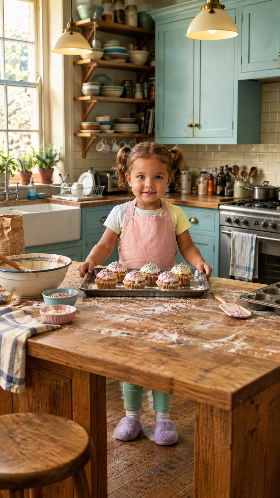 Brantlee proudly presents a tray of lopsided cupcakes with both hands, nodding as if she has created a masterpiece.