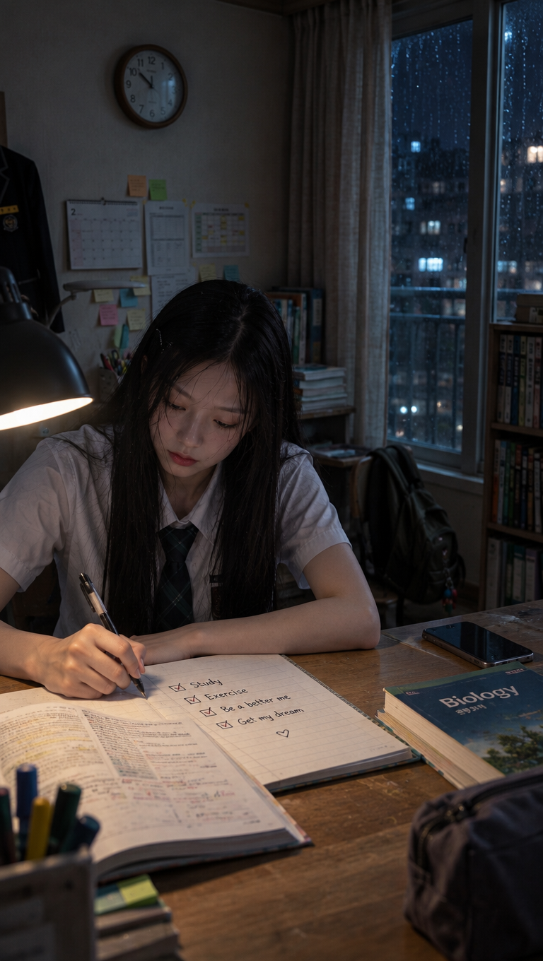 Yoo Jae-yi finishes an exercise, checks off a completed task, closes one book, and immediately opens the next with a more confident posture.