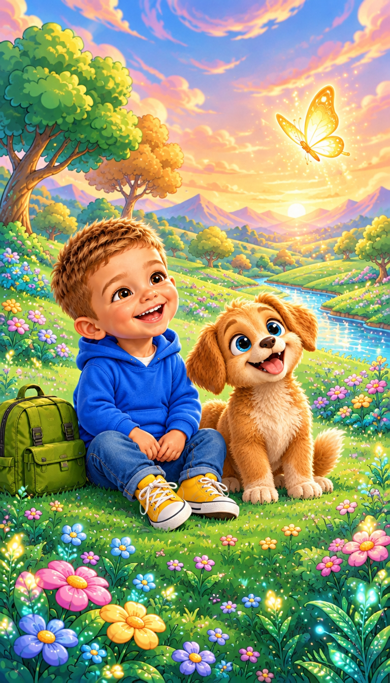 At sunset, Milo and Bibi pause together in the meadow as the glowing butterfly circles above them and the backpack begins glowing again.