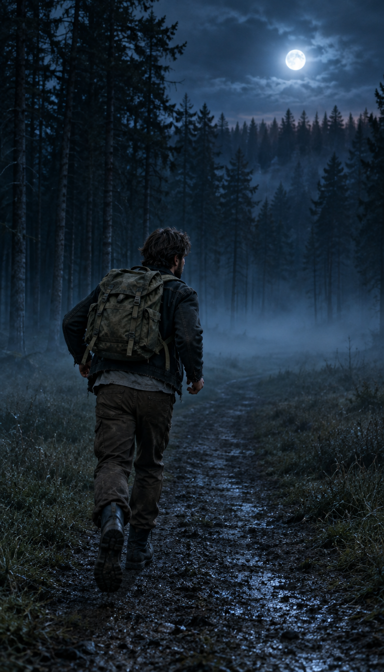 Under the moonlight, the man runs toward the misty forest, then stops when dozens of zombie silhouettes emerge between the trees and turns toward the camera in terror.