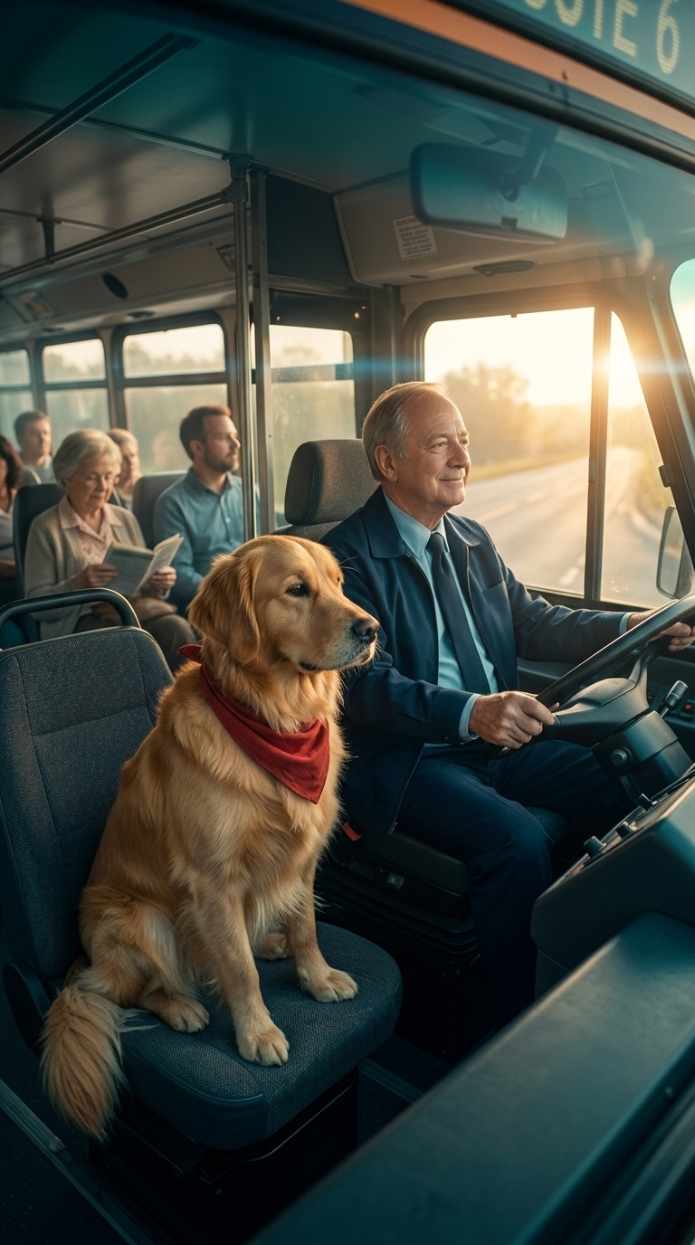 Biscuit sits proudly in the front seat of the Route 6 bus, a true member of the crew, watching the world with Frank.