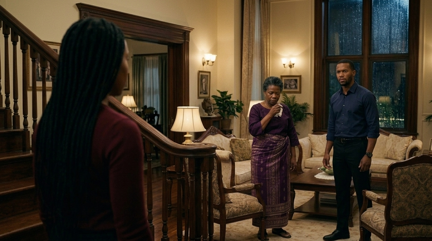 Mama Grace évite le regard d'Amara, qui insiste sur le bruit entendu et comprend que quelque chose est caché.