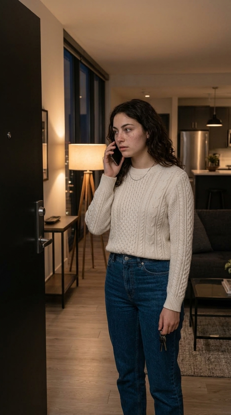 Emma plays the second voicemail and hears her own voice tell her that she did not listen. She slowly looks toward the apartment door.