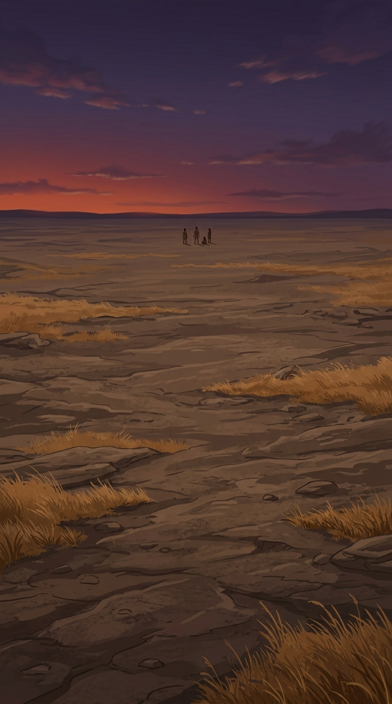 Sur une vaste plaine ancienne au crépuscule, quelques personnes lointaines restent immobiles dans le vent presque absent.